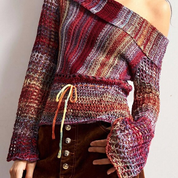 Multicolor Casual Women's Striped Off Shoulder Long Sleeve Blouse - Picture 7 of 8